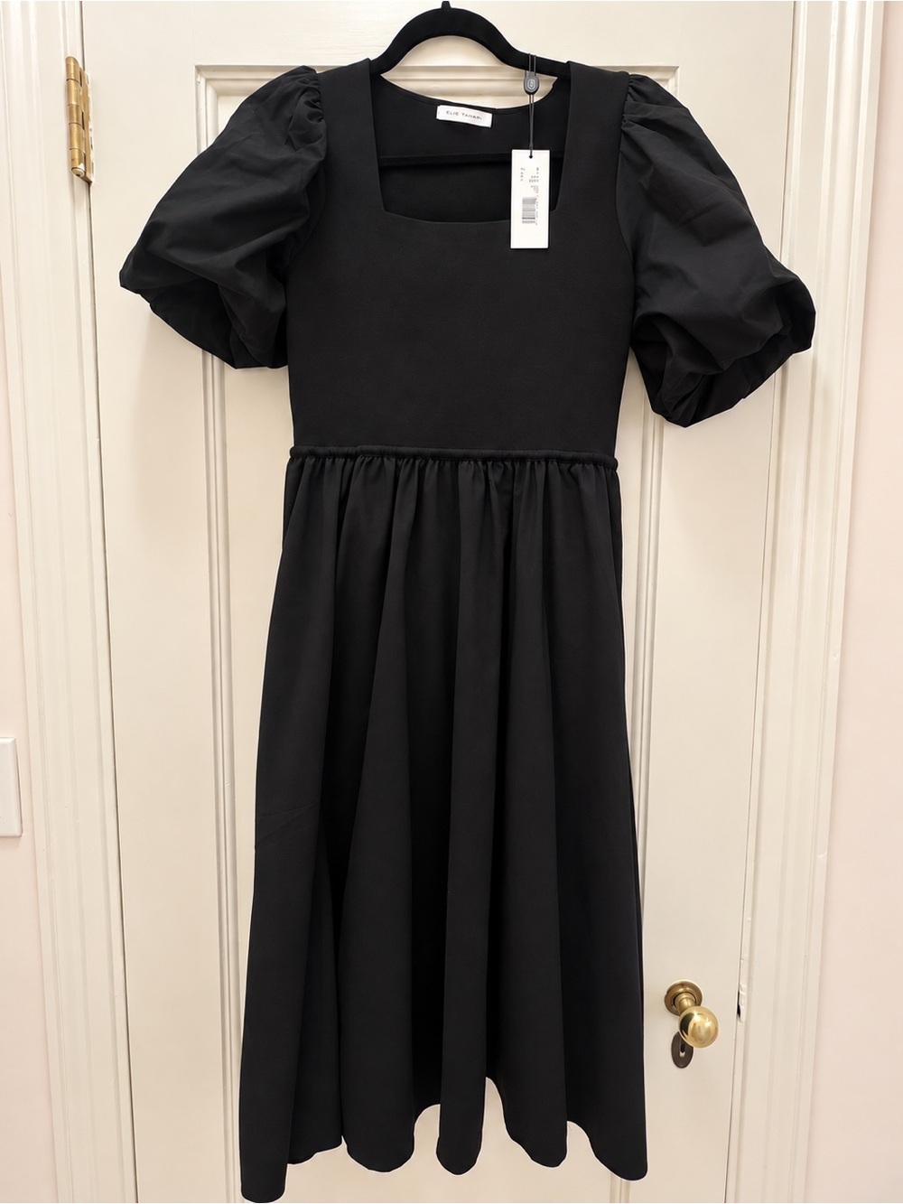 NWT Elie Tahari Mixed Fabric Puff Sleeve Midi Dress Size S